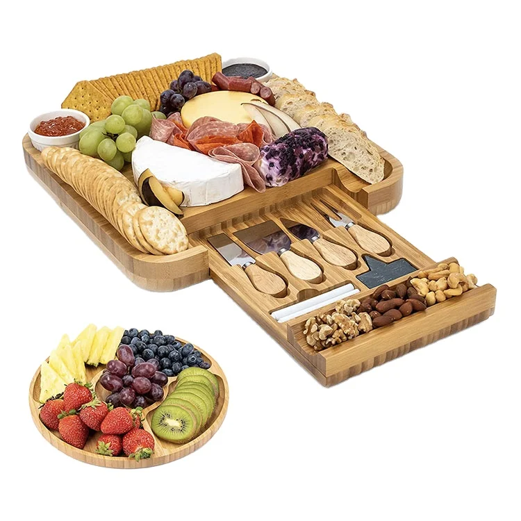 Large Bamboo Cheese Cutting Plates Board Set and Knife Set With Hidden Slide Drawers Wood Charcuterie Platter Board