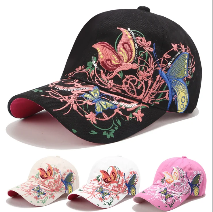 Sequin embroidered baseball cap butterfly embroidered duck tongue lipprint fashion hat girl hat