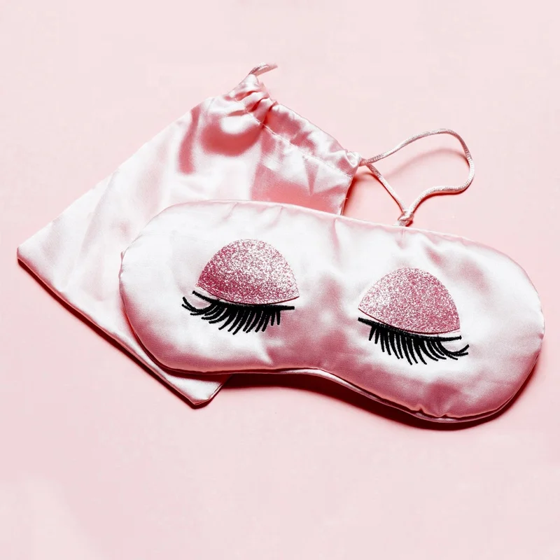 Soft Embroidery Eyelash Sleeping Satin Silk Eye Mask With Pouch (62395939636)