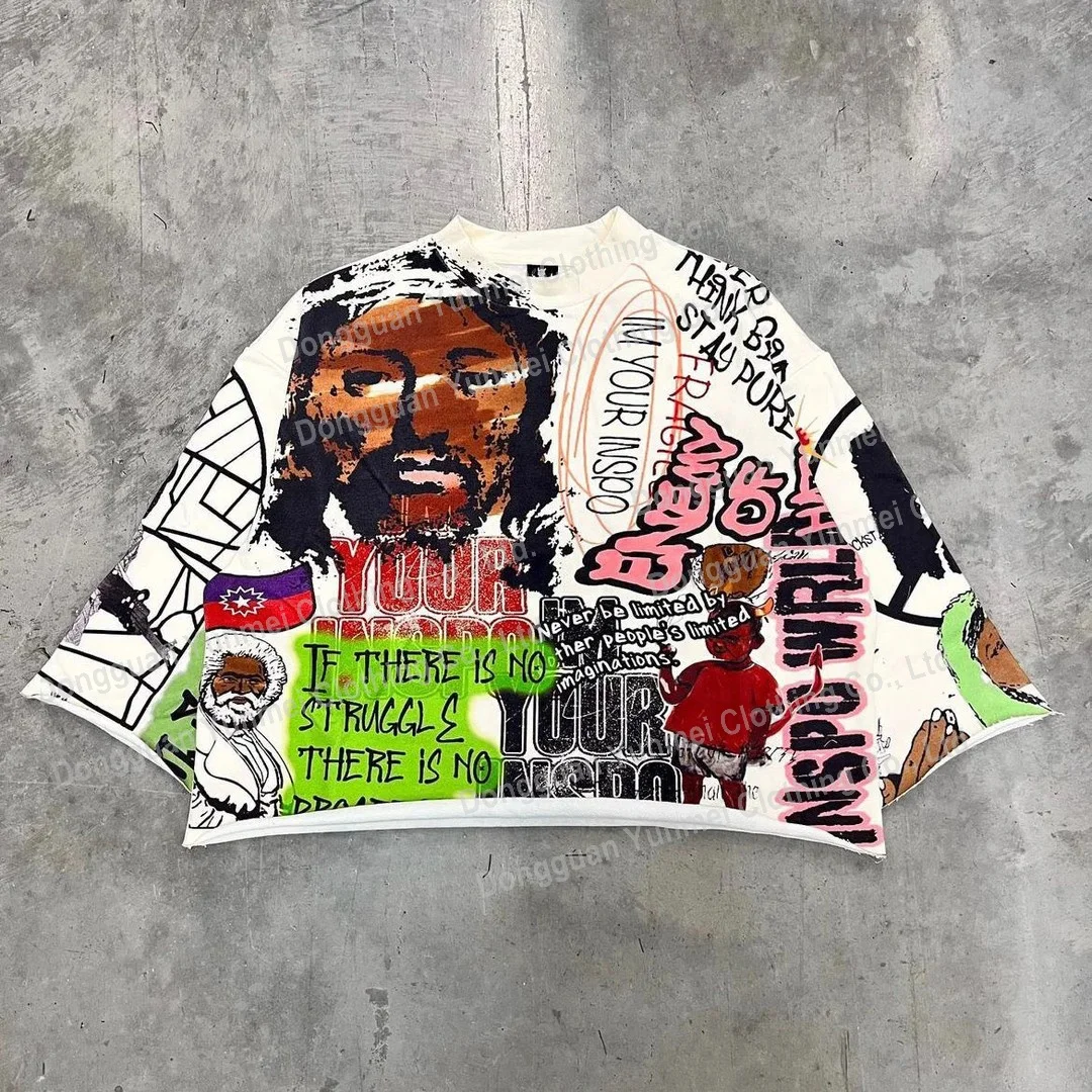 Custom Unisex graphic Print French Terry Tshirt Raw Hem Drop Shoulder Tee Oversize Crewneck Cropped Boxy Heavyweight T-shirt Men