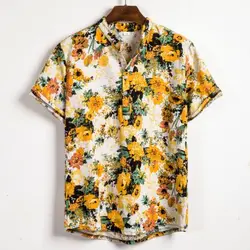 Hot sale Short Sleeve Casual Flower Cotton Linen shirt for men
