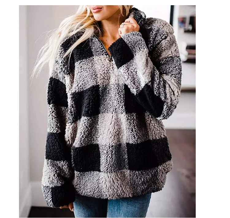 High Quality Woman Wool Plaid Coat Long Sleeve Warm Fleece Women Plaid Woolen Coat