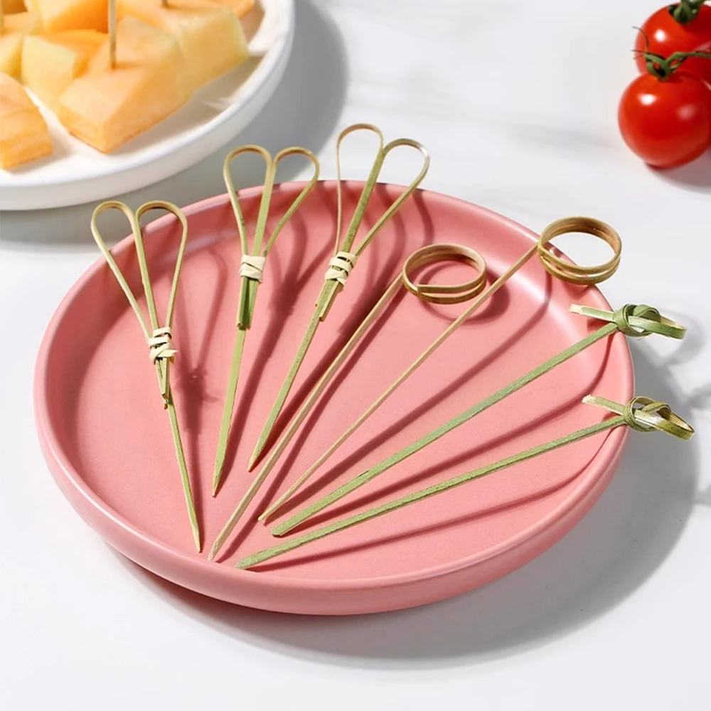 Bamboo Knot Sticks with Twisted Ends Flat Shape Cocktail Picks for BBQ Fruits Cleaning Pack in Bag Perfect Tools
