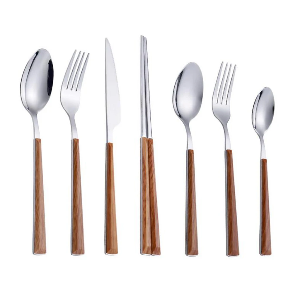 Stainless steel 304 Korea Japan style plastic wood ABS full tang handle knife spoon fork cutlery with chopstick set 4pcs