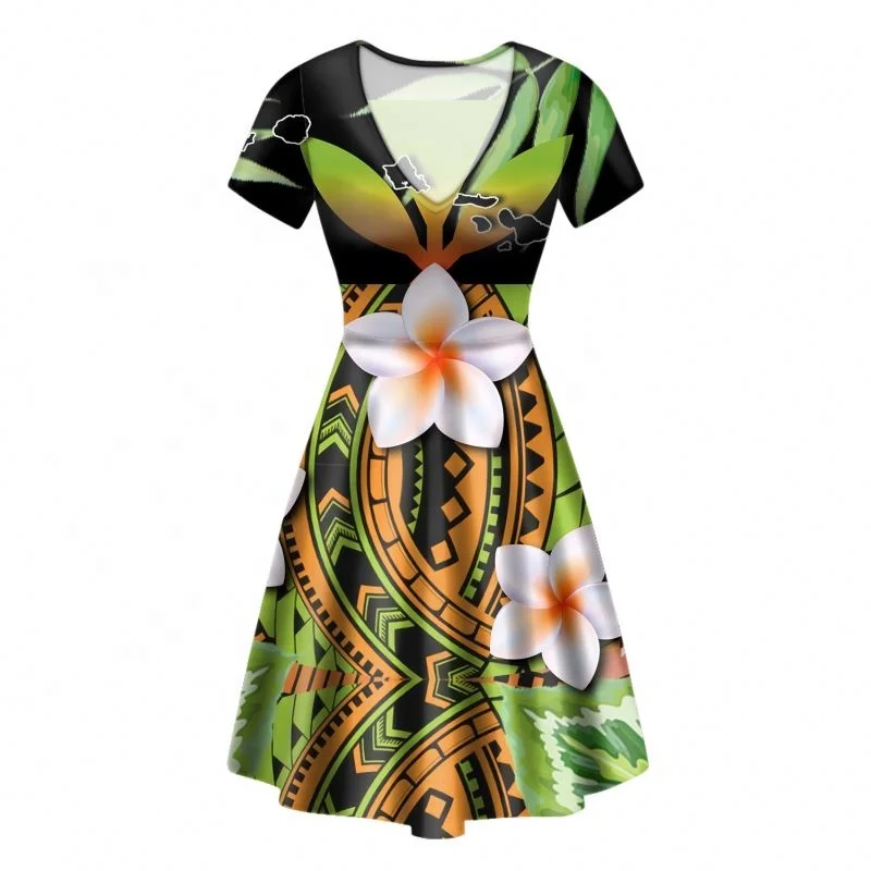 classic French Polynesia Tahiti Frangipani Woman Casual Wear Dress Seal Tropical Flowers Style Summer Dresses Short Sleeve Swing