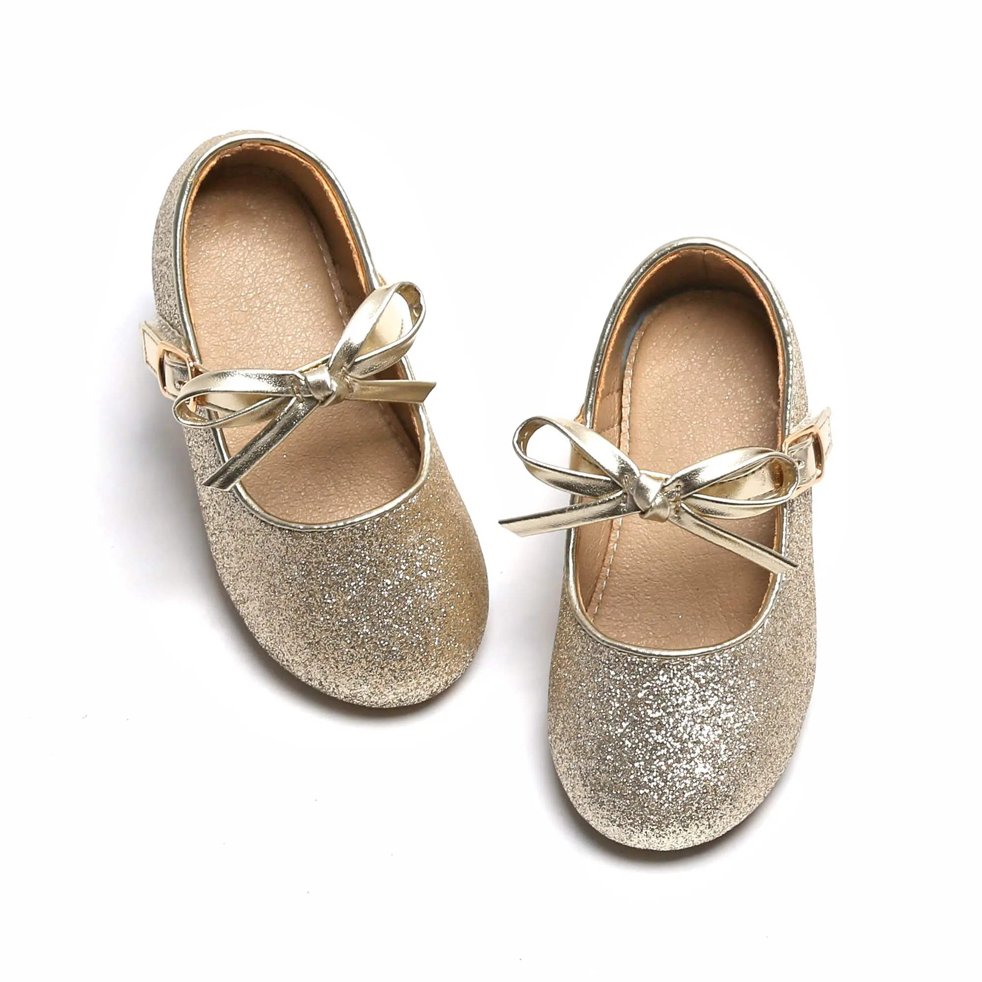 T Strap Gold PU Bow Party School Wedding Mary Jane Custom Girls Flats Dress Shoes