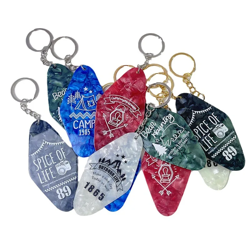 Wholesale hot stamp pink engraved custom hotel retro glitter bank motel keychain uv dtf decal with key