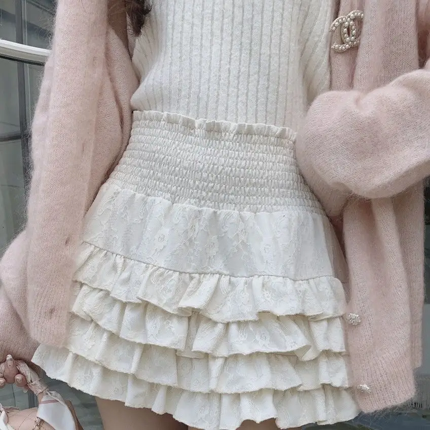 ecowalson  Streetwear Y2k Ruffles Mini Sweet Kawaii High Waist Lace A Line Skirt Summer Korean Fashion Black Ball Gown Skirts