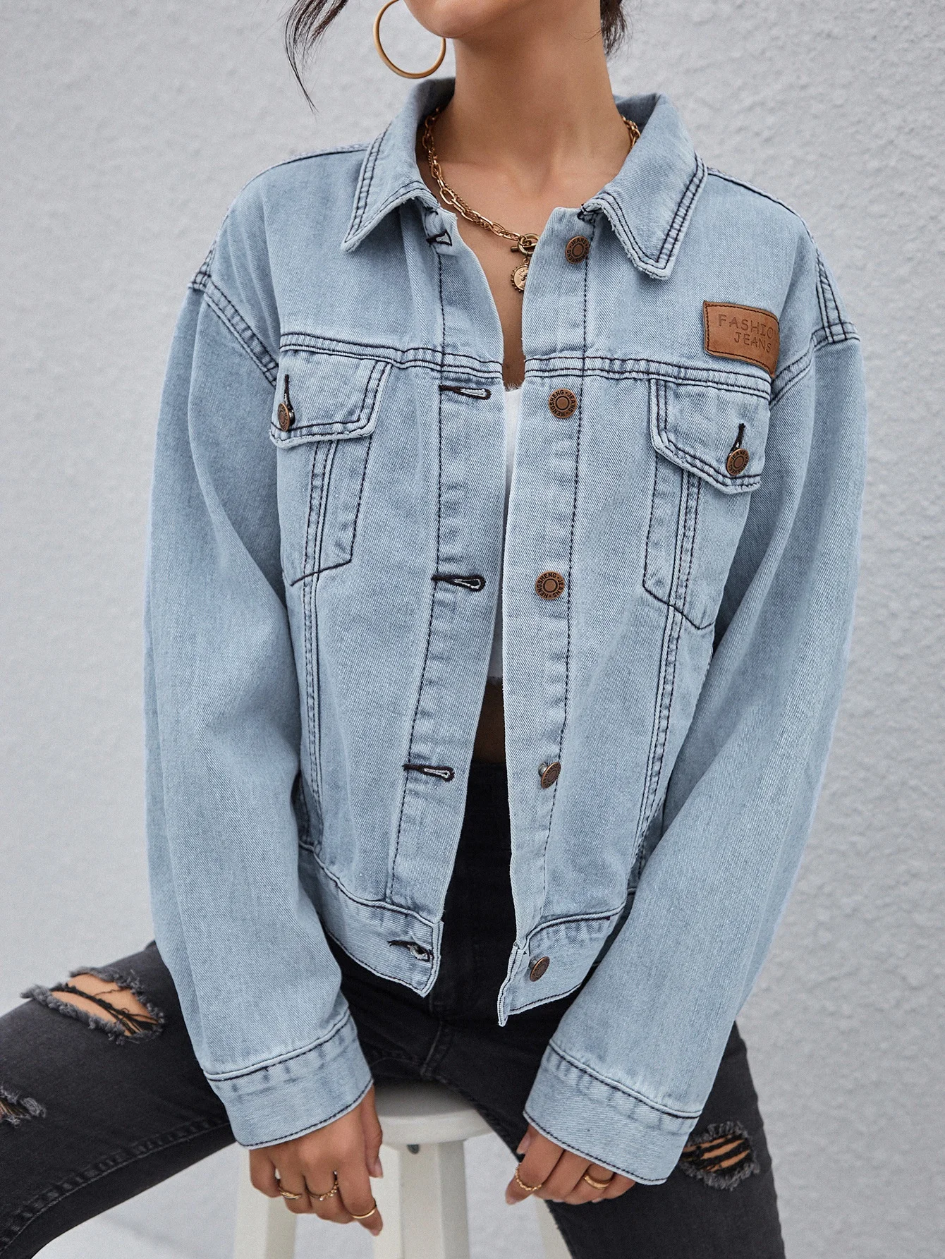New Customized Jean Ladies Coat Fashion Pocket Long Sleeve Denim Women Jacket