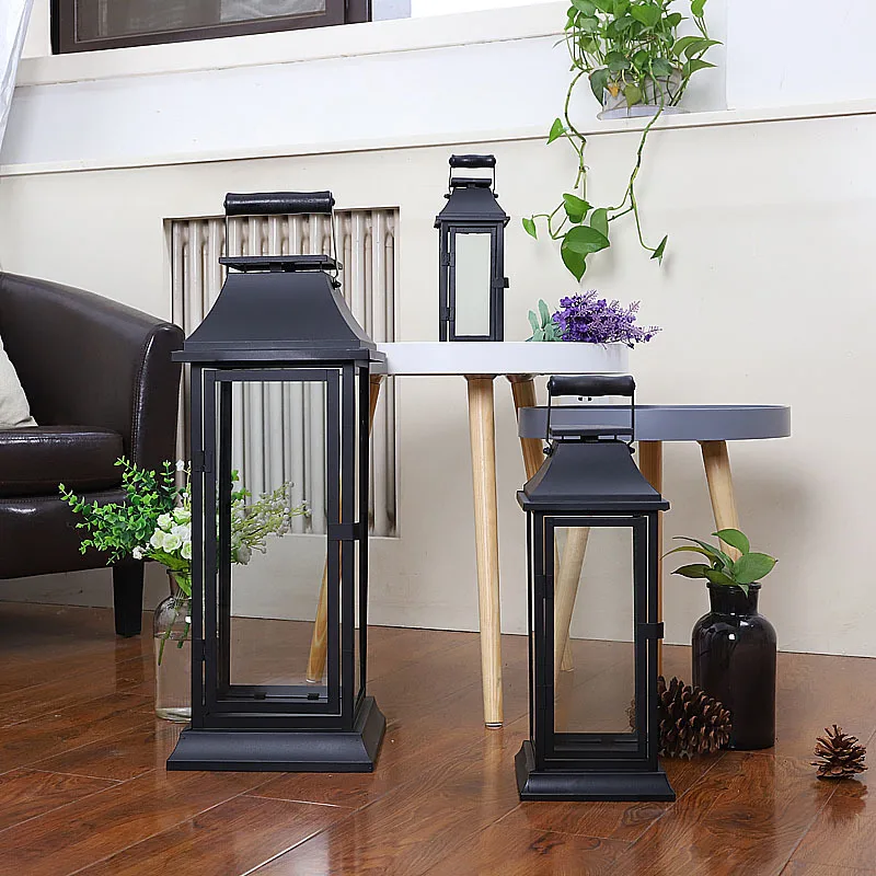 Simple Chinese retro portable windproof candlestick iron glass outdoor courtyard floor lamp candlestick ornaments
