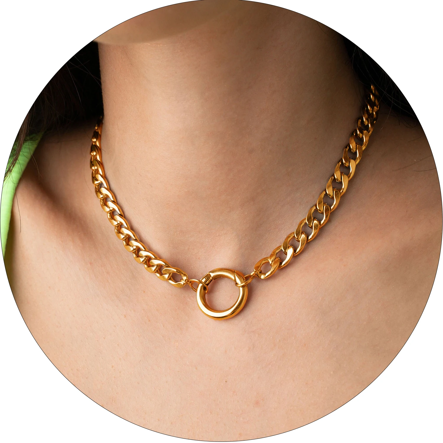 Tarnish Free Jewelry 18k Gold Plated Clasp Hoop Chain Necklace Women Stainless Steel Round Clasp Openable Pendant Necklace