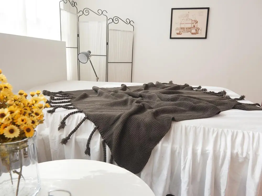 faux cashmere Knitted Throw Blanket With Tassle--micro Polyester chunky crochet throw