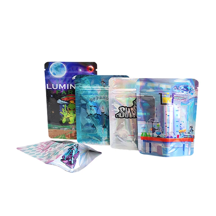 Custom Printed 3.5g 7g 14g 28g Edibles Packaging Holographic Resealable Smell Proof Stand Up Pouch ZipLock Mylar Bags