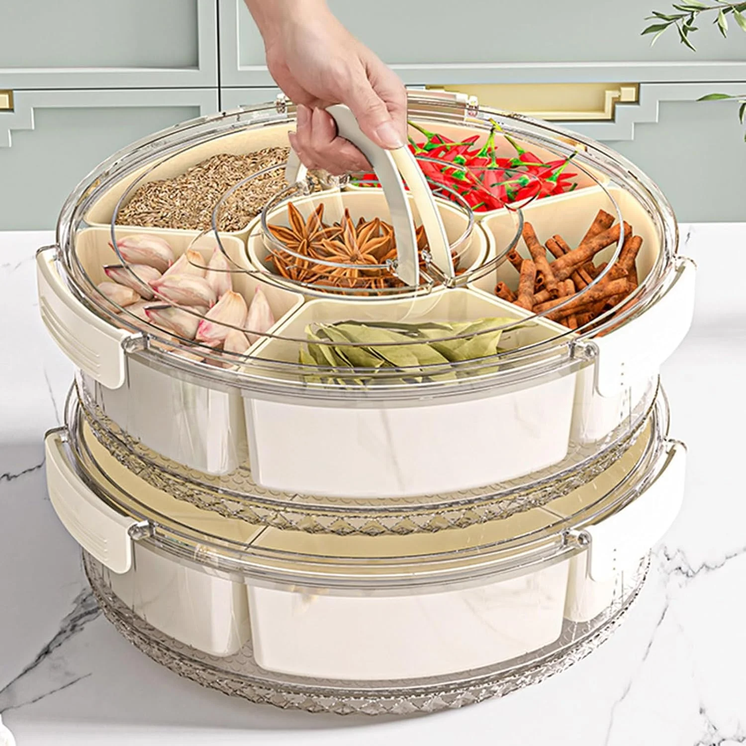 OWNSWING 6 Divided Serving Tray With Handle 360 Rotatable Snackle Box Container Portable Containers For Fruit Veggie Candy