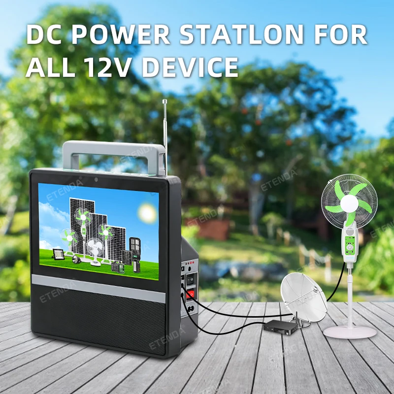 Energy-Efficient 10-Inch Solar TV with 16V Solar Panel, Remote-Controlled Bulbs, and Comprehensive Connectivity Options