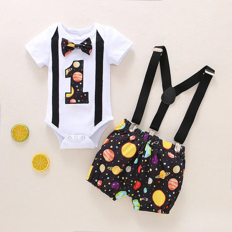Wholesale Baby Boy First Birthday Outfit Costume 1st birthday outfit boy Gentleman Tie Romper+Shorts babies clothing boys girls