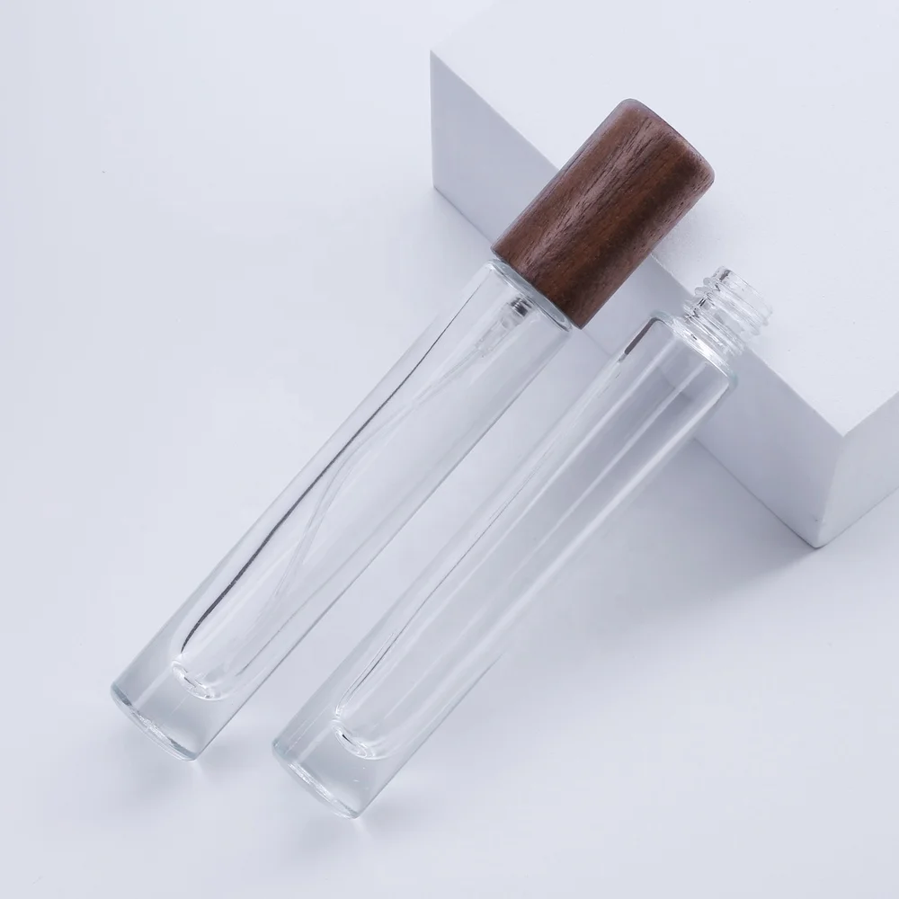 Thick Bottom Vintage 10ml Mini Round Clear Refillable Perfume Bottles 10ml Quality Sample Glass Perfume Decants with Wood Cap