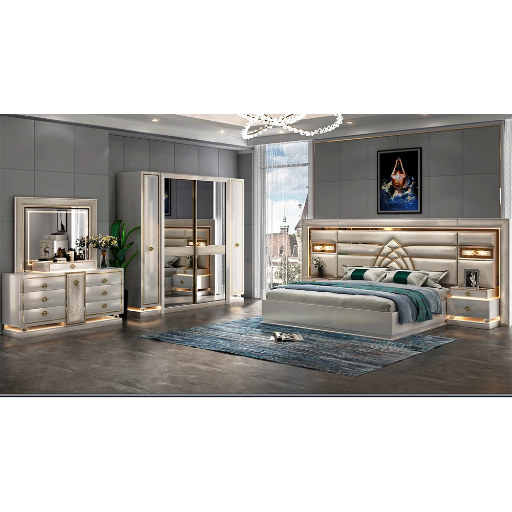 9905 latest modern hotel bedroom furniture set king size bed set with sliding wardrobe and make up table 5 pieces set for home