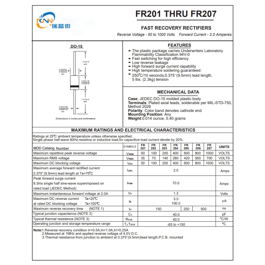 FR107 FR207 FR307 Diode  Fast Recovery Diodes  fr207
