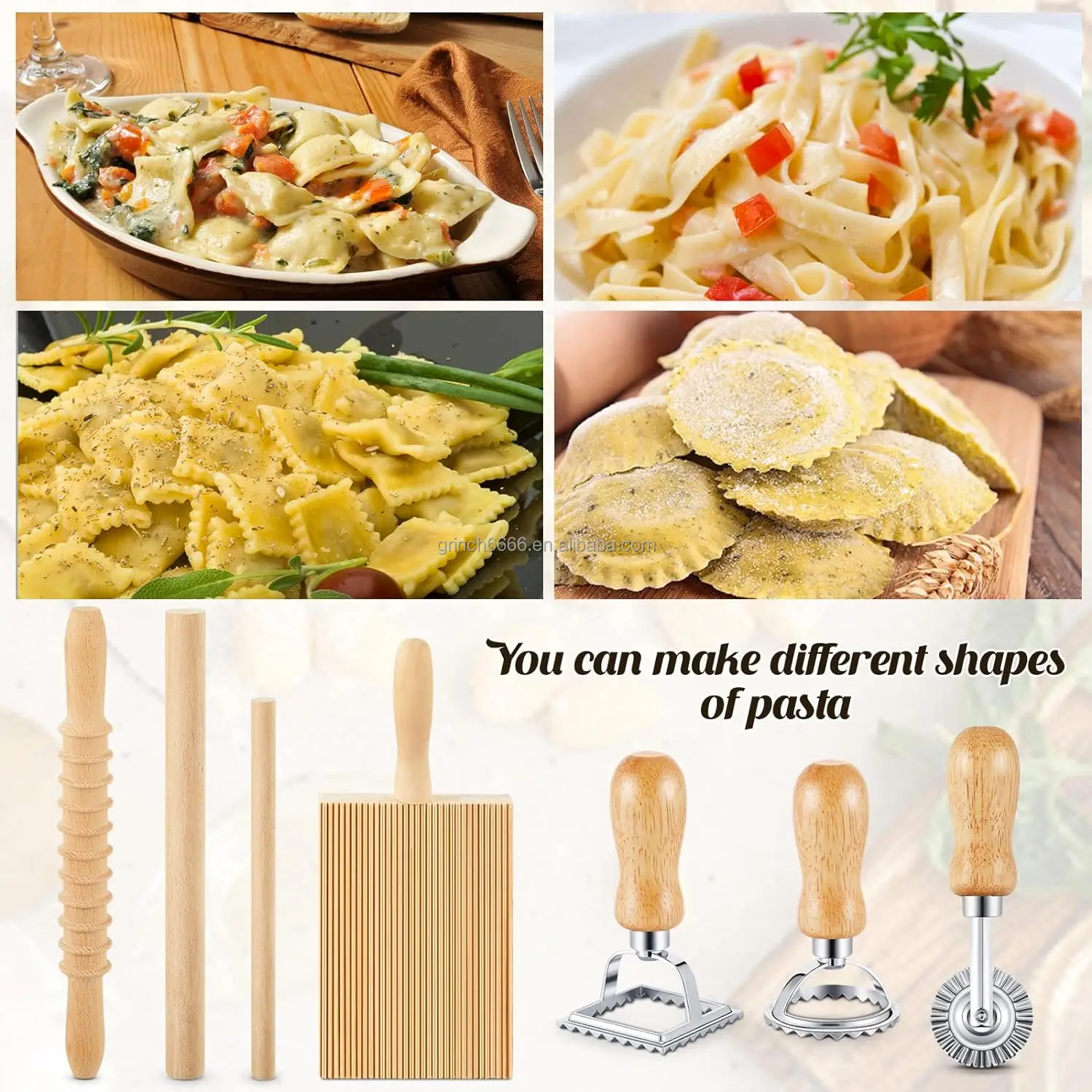 Pasta Making Tool Set Include 1 Wooden Cutter 1 Rolling Pin 1 Gnocchi Board Wood with Roller 3 Ravioli Stamp Maker Cutter