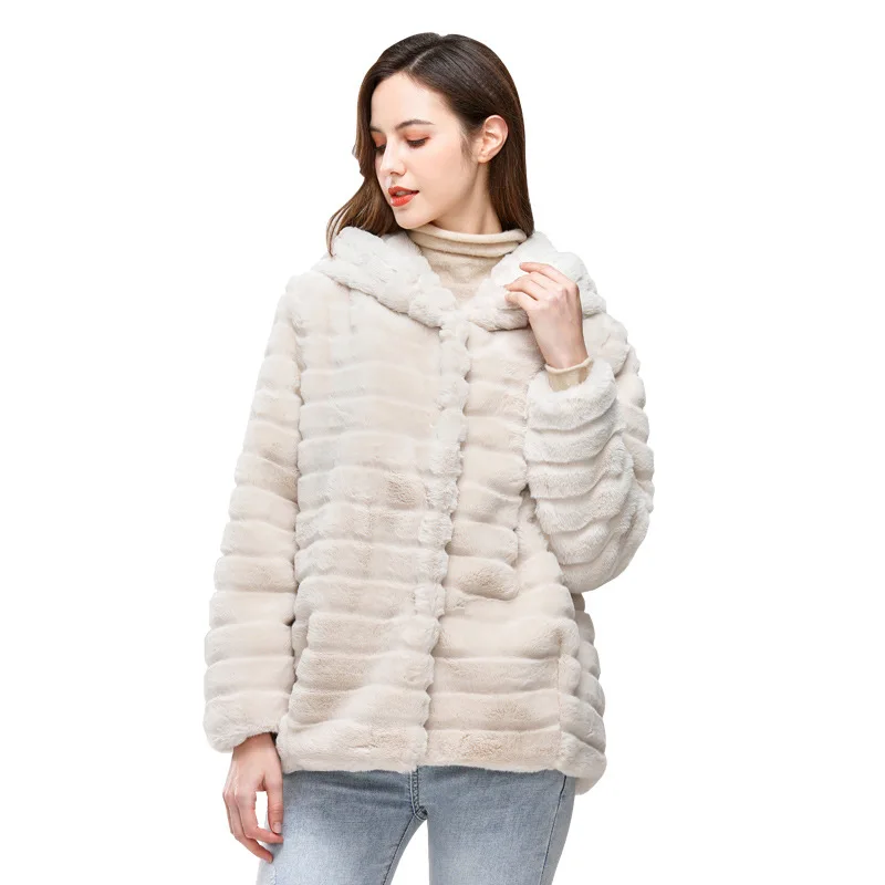 DAMOCHIC Wholesale Faux Fur Coats for Ladies Hooded Casual Loose Thermal Jacket Long Sleeve Winter Plus Size Mink Coat 2022