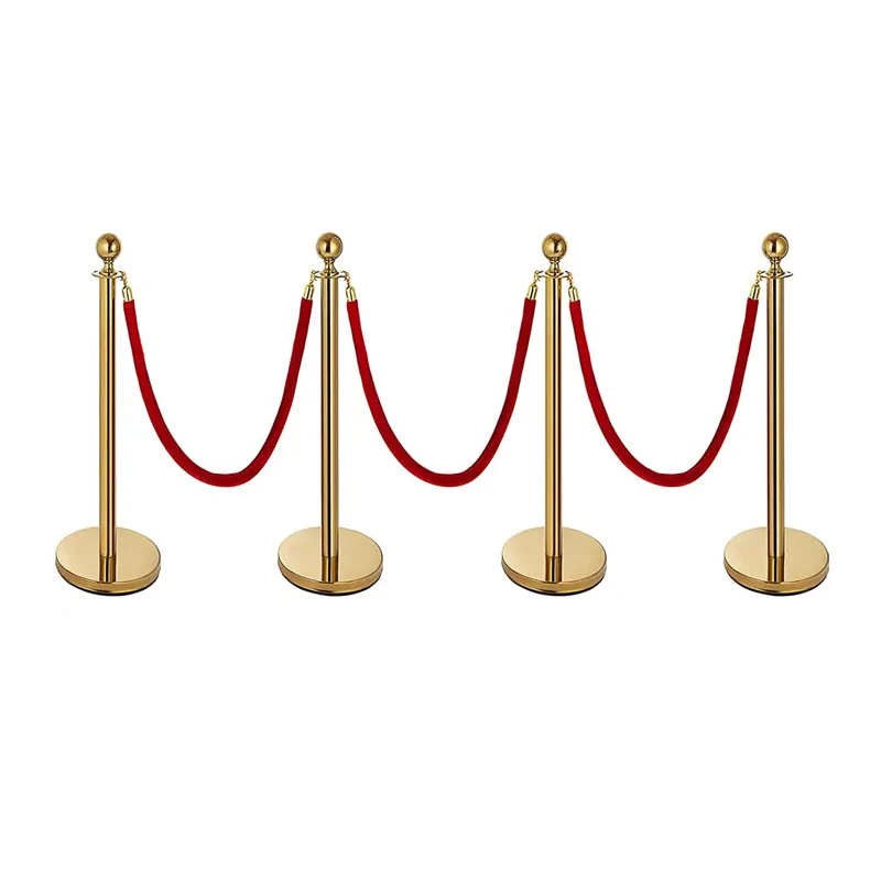 Crowd Control Stanchion, Stanchion Set with 5 Ft/1.5 m Red Velvet Rope, Silver/gold Sturdy Concrete and Metal Base
