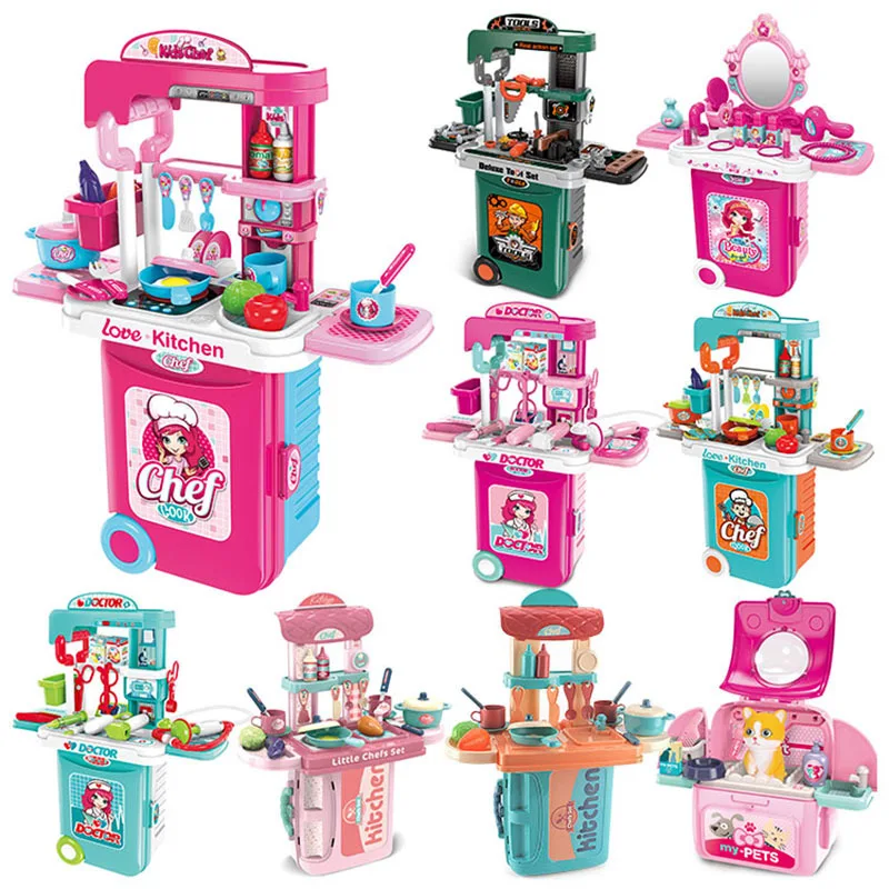 Hot Sell Girl Cosmetic Pretend Play Toy House 3 IN 1 Set Trolley Suitcase Make Up Toy For Girl
