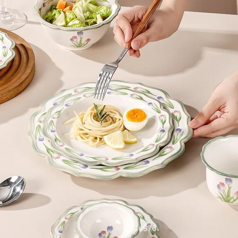 Solhui Ceramic Nordic ins light luxury tableware minimalist soup bowl and plate tulip dinnerware