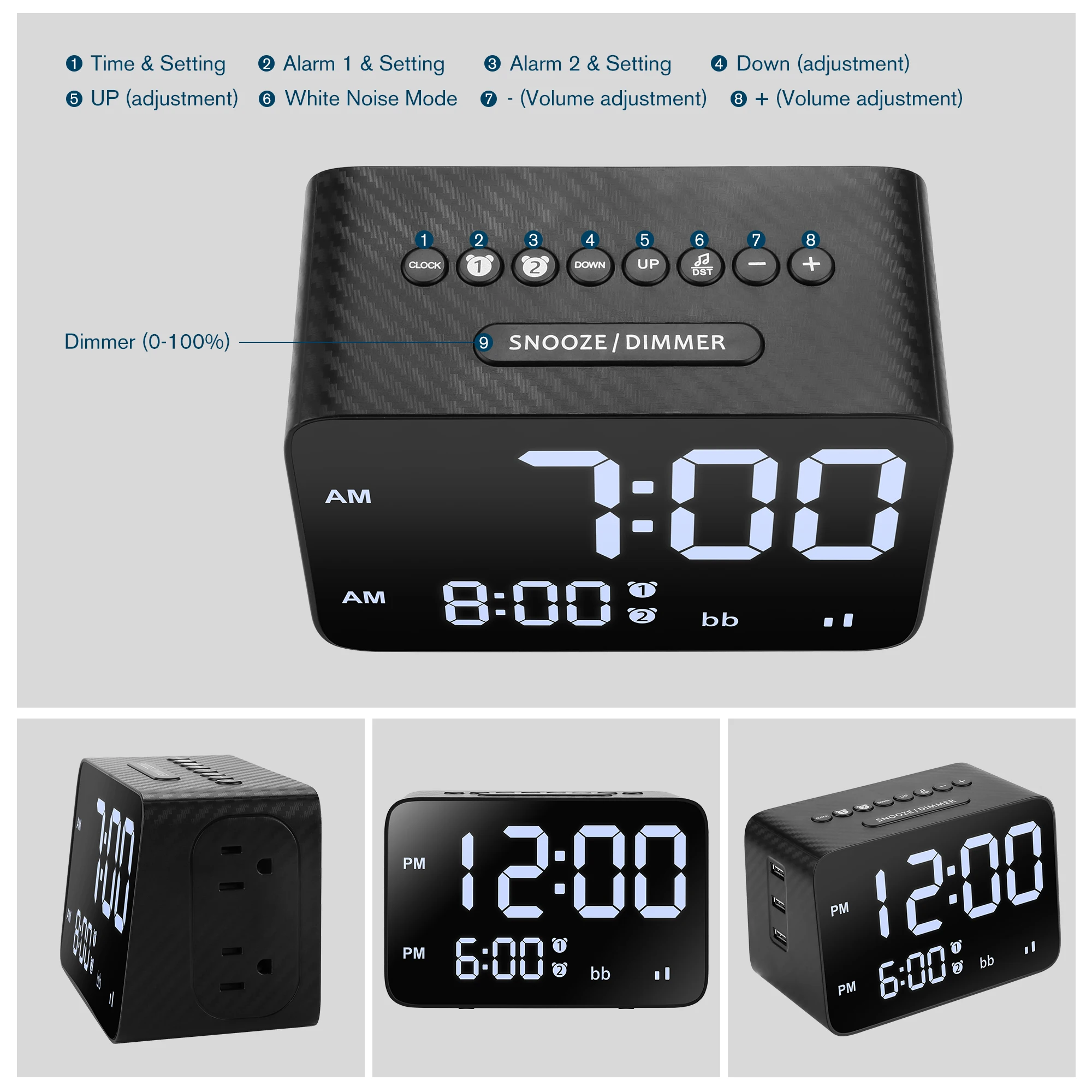 DS08 2 Power Strip 20 Nature Sounds Smart Digital Clock Alarm Portable white noise sleeping Sound Machine with USB charger