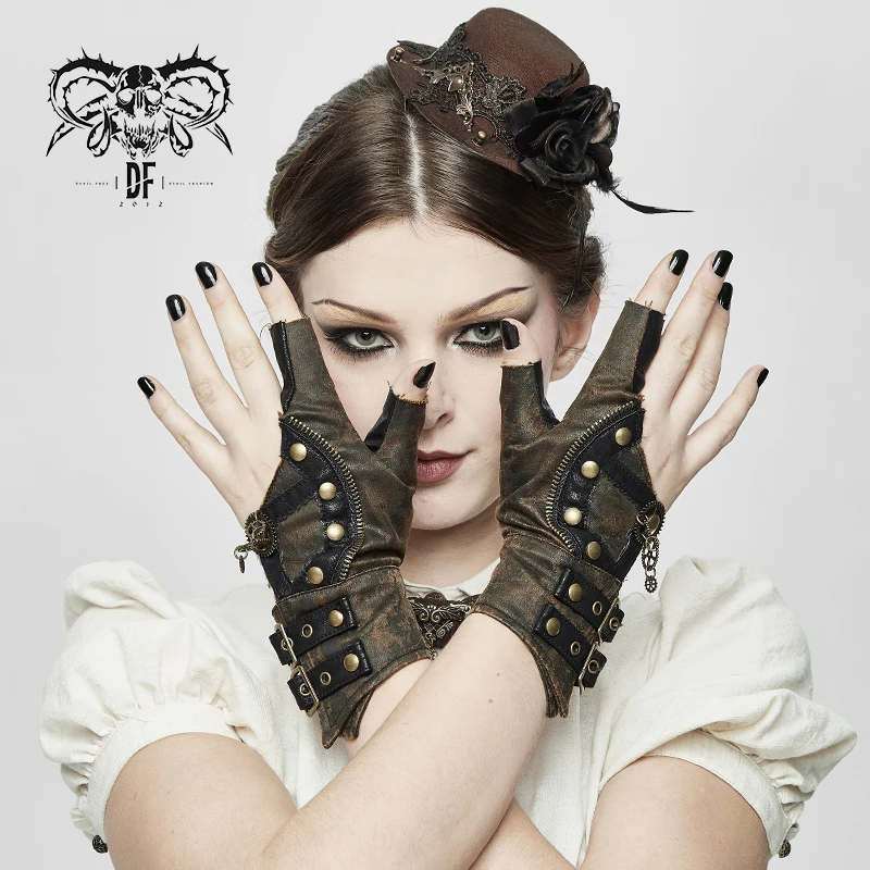 GE014 devil fashion steampunk brown 7-shaped gear decoration nailed sexy women leather gloves