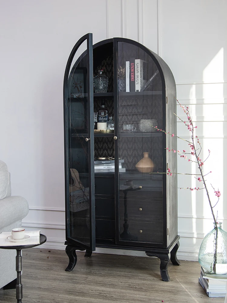 Classic Retro Arched Home Furniture Black Wood Glass Arch Cabinet
