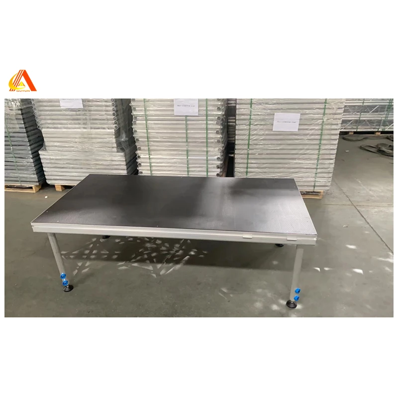 Easily assemble and set up aluminum 4-leg portable stage platform adjustable height legs