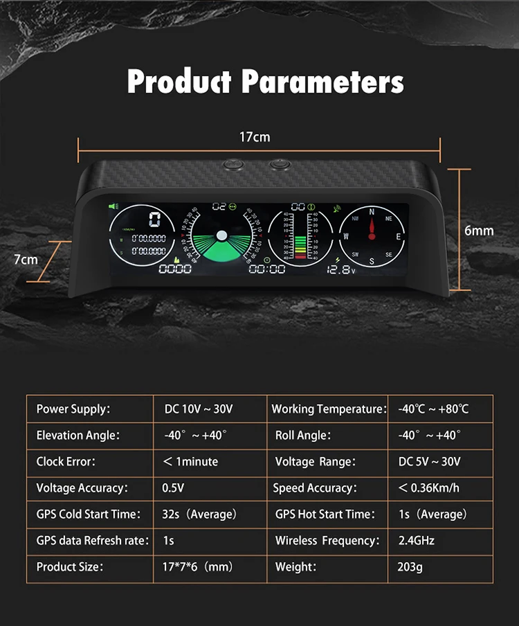 Vjoycar Auto Inclinometer Pitch Angle Alarm Off-road Latitude Longitude Display S90 Gps Slope Meter HUD