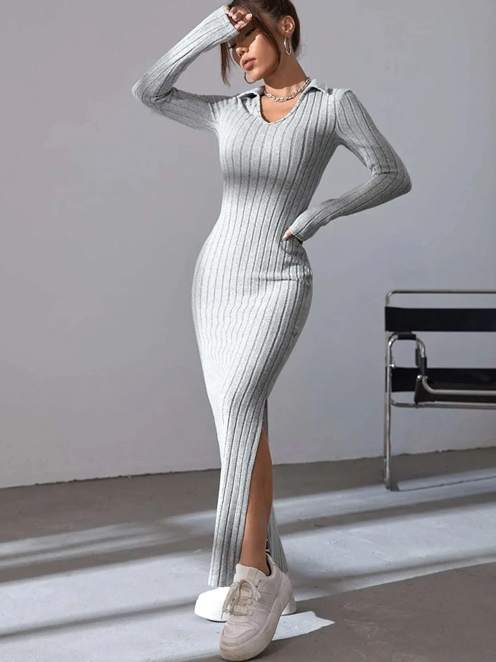 New Spring/Summer 2024 knitted slim lapel long sleeve dress for dropshipping evening dresses