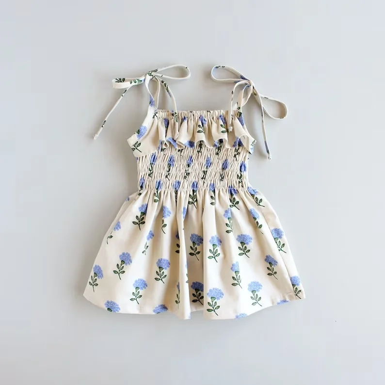 Newest Summer Kids Puff Sleeve Birthday Dress Floral Pattern Elastic Waist Little Girl Frock Design Skirt