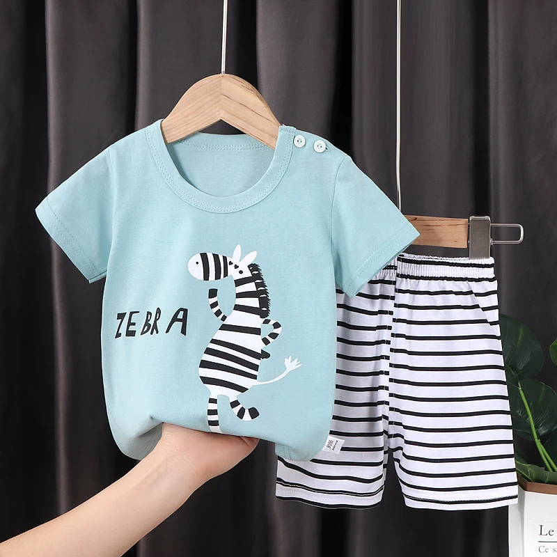 Wholesale 2-7Y Kids Pajamas Smart Casual Style Short Sleeve 100% Cotton with Cartoon Animal Patterns Boys Clothing Sets