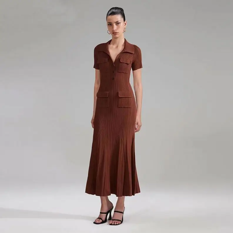 New Caramel Coffee Midriff Outfit Short Sleeve Knit Dress Elegant Dresses for Women Bettergirl 2024 Autumn Full Summer Natural