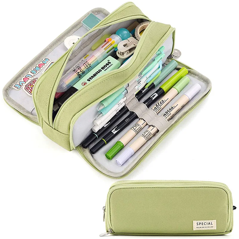 BEYOND Big Capacity pencil bag,3 Compartments zipper canvas storage pouch marker pen kids school pencil case for girls kids