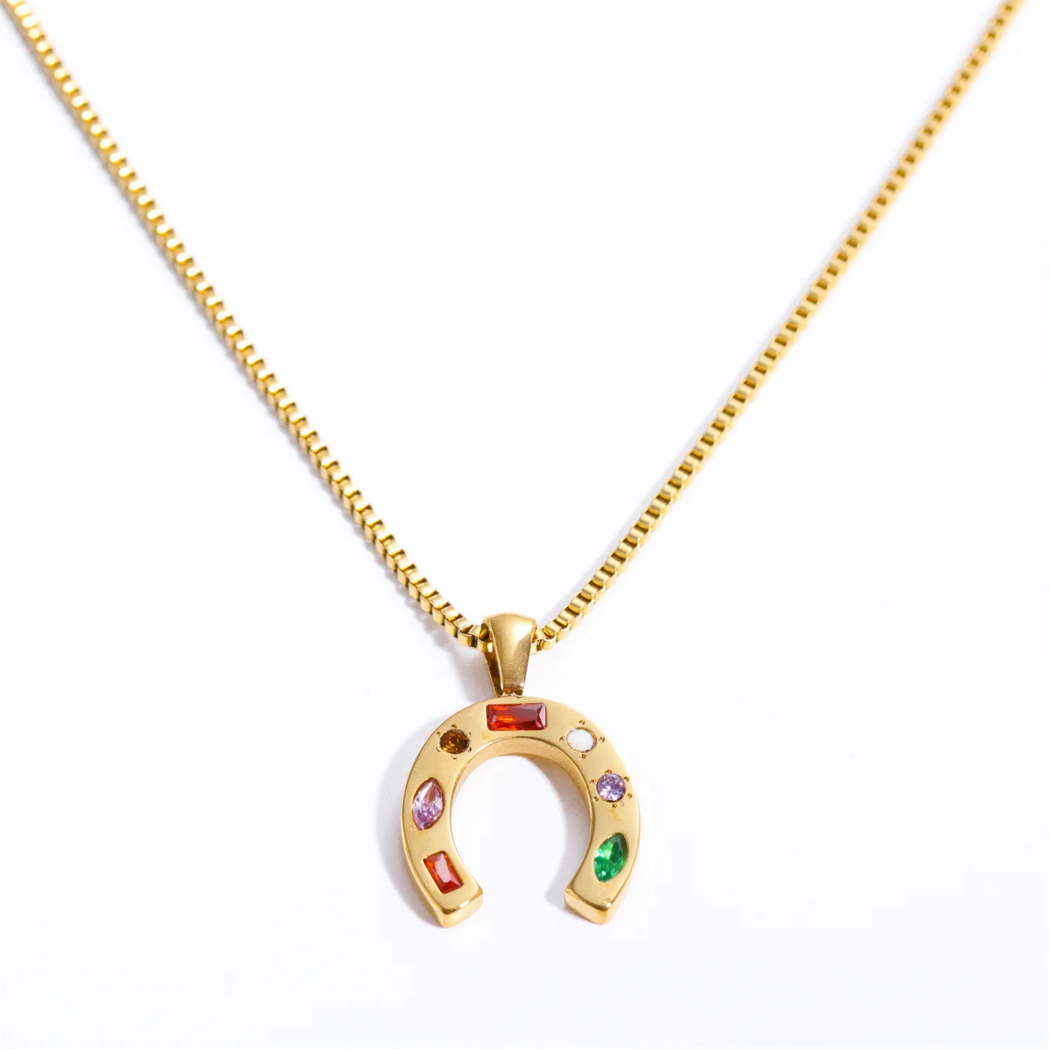 Fashion Stainless steel Colored CZ Zirconia  Lucky Charm Horse Shoe Pendant U Shaped Gold Plated Horseshoe Necklace With Diamond