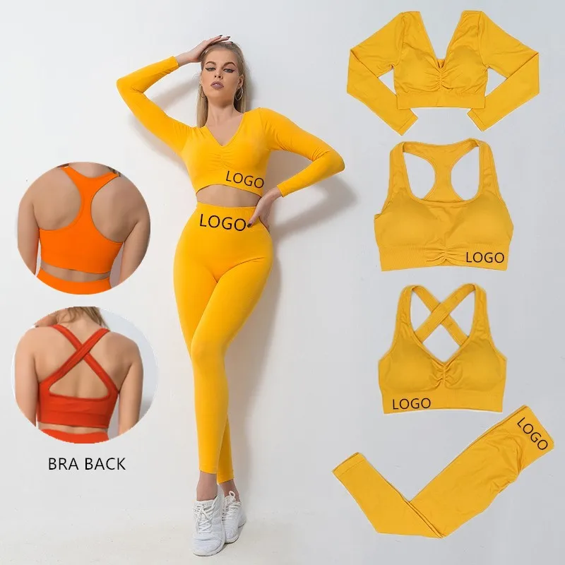 Tik tok 4-piece gym bra suit athletic active wear fitness plus size long sleeve fitness tracksuit women sport seamless yoga set