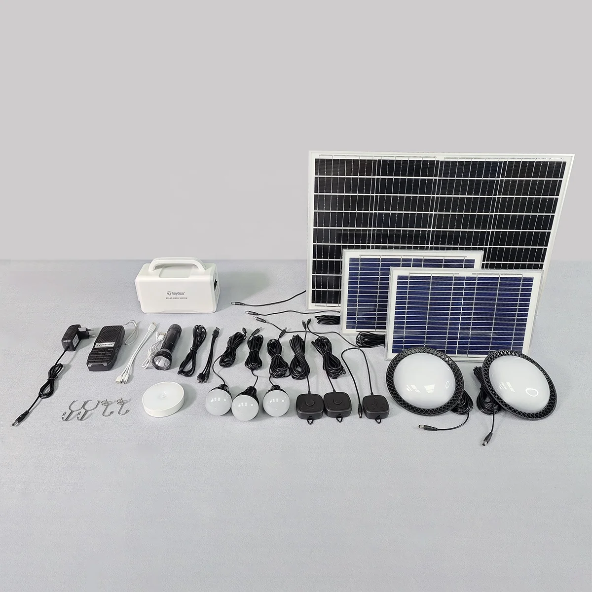 teyoza with 60 watt solar panel portable solar system rechargeable led emergency light with dc bulb and power bank function
