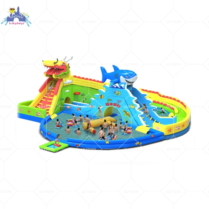 Kids ground water park dragon/panda inflatable products water slide with swimming pool by factory
