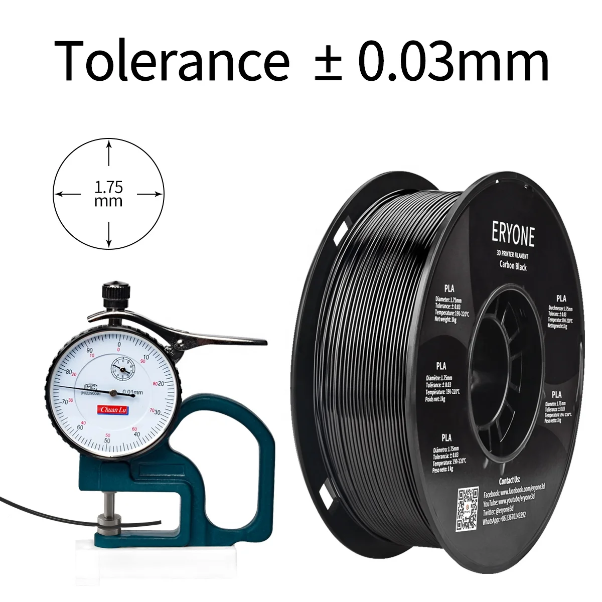 Eryone Carbon Black 3D Print Standard PLA Filament Best Quality Imported Material Filament 1.75mm 1kg 0.03mm Diameter Tolerance