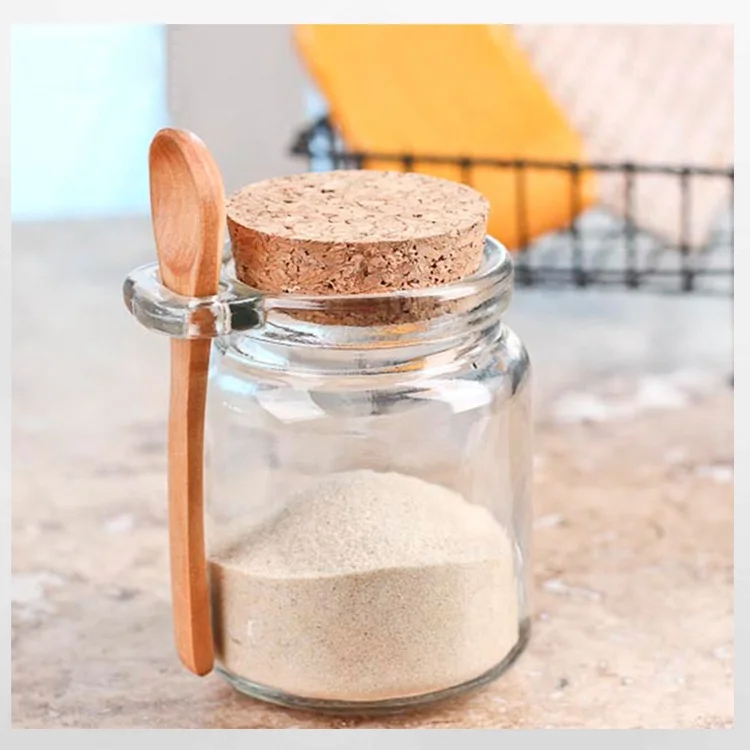 250ml  round sea salt cosmetic glass cork bottle jar with wooden spoon
