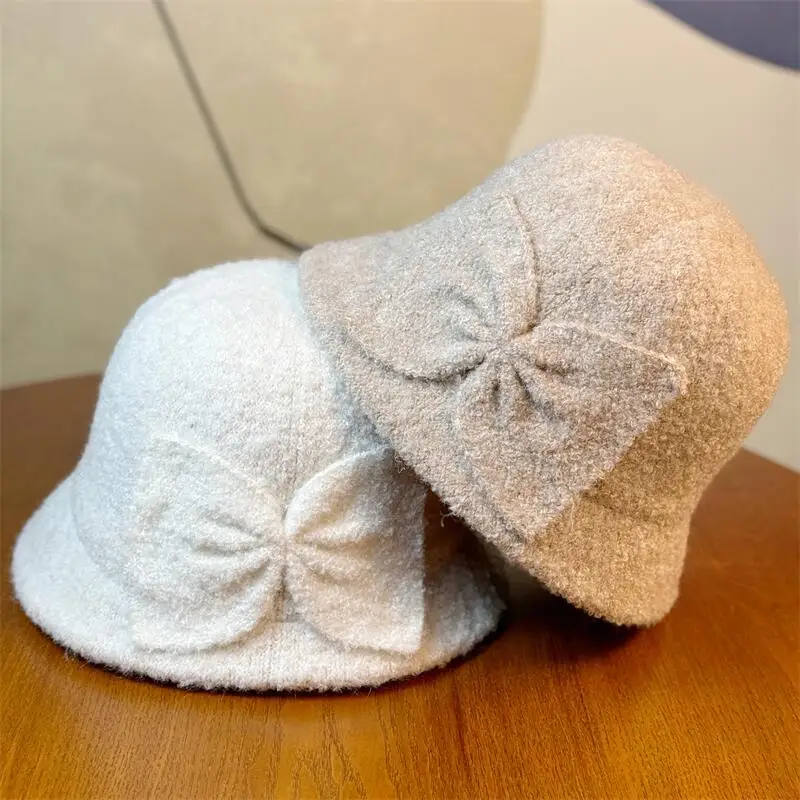 BESTELLA Custom Vintage Elegant Striped Fedora Beanies Adult Rolled Mother Winter Bucket Hats with Bowknot Lady Fleece Headwear