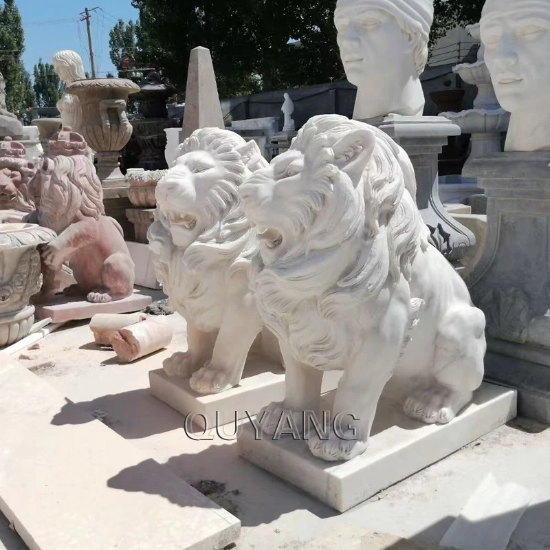 QUYANG Life Size Hand Carved White Marble Animal Sculpture Stone Carving Resting Lion Statue