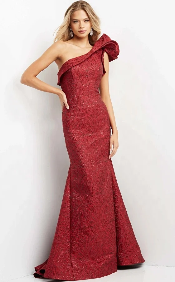 Burgundy One Shoulder Mermaid Evening Gown