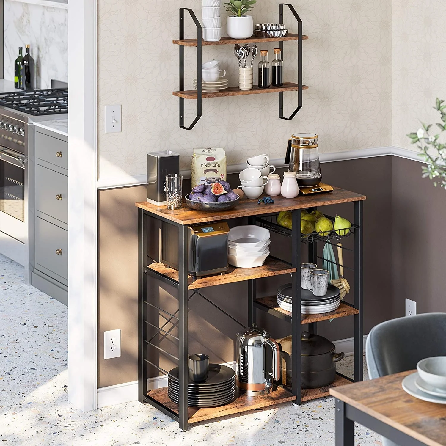 Kitchen Rack, Coffee Bar with Wire Basket 6 Hooks Microwave Oven Stand Metal Frame Wood Look, 35.4 Inch