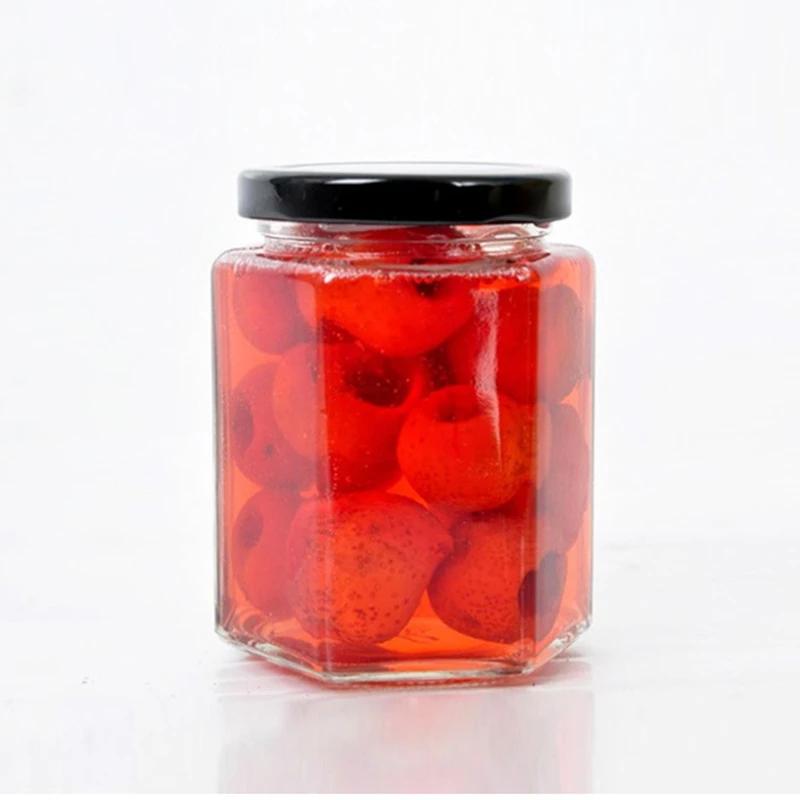 High Grade Hexagon Glass Honey Jars Jam Sauce Pickle Storage Bottle with Metal Lids