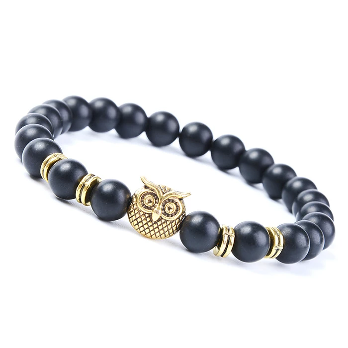 custom stretch owl charm natural black stone beaded chain jewelry bracelet for men